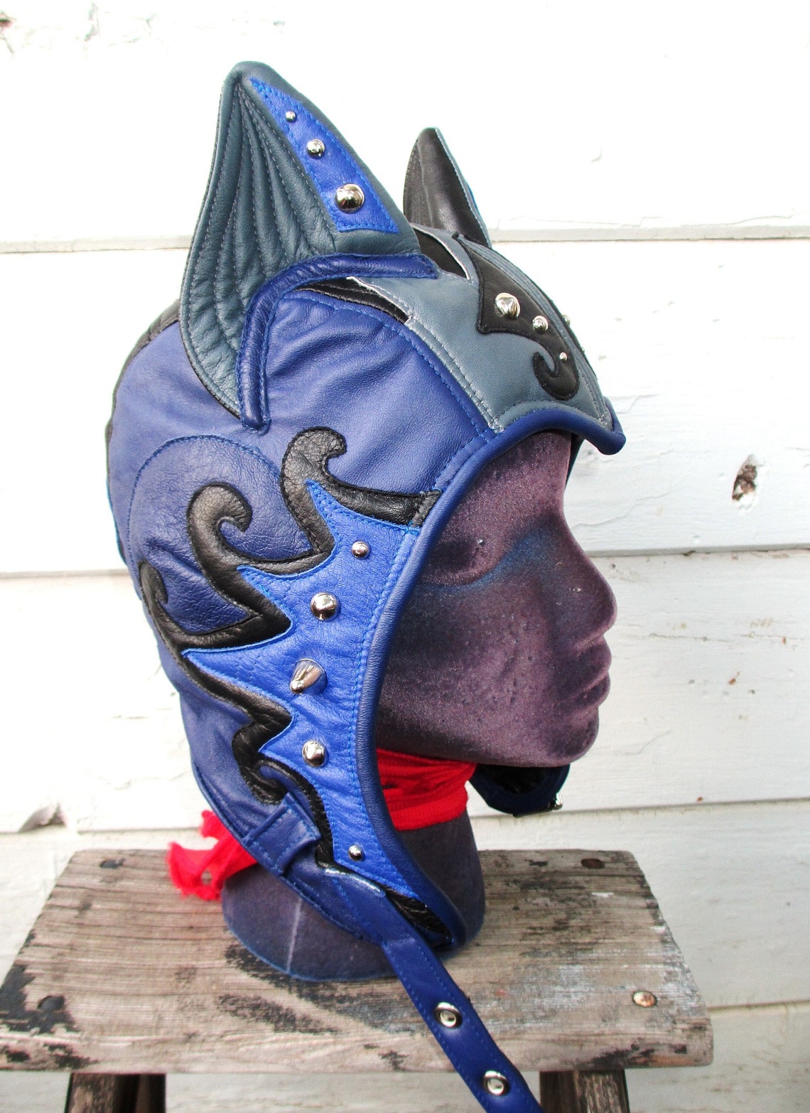Studded Leather Catear Aviator Hat in Blue/ Black/ Blue Etsy
