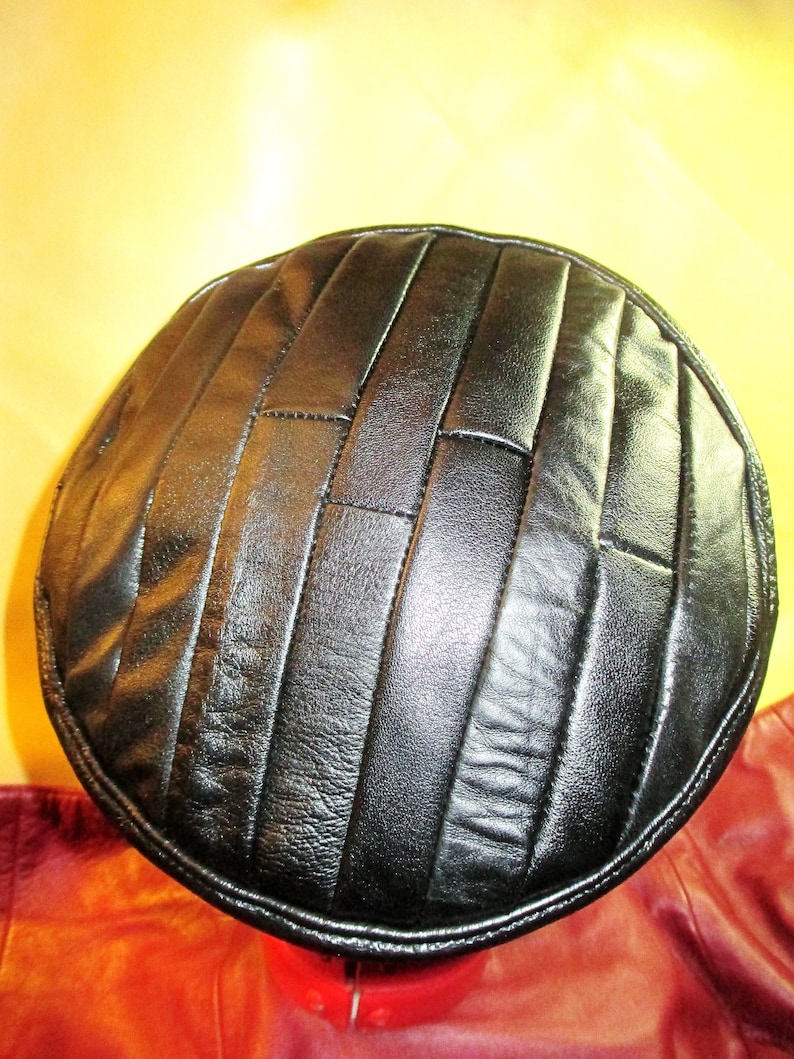 Afrocentric Mens Leather Hat Unisex Soft Leather Crown Leather Kufi Hat in Black Patchwork