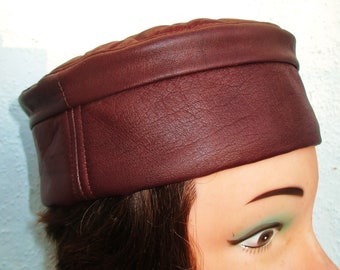 Burgundy Soft Leather Kufi Hat w/ Quilted Top, Unisex Leather Crown