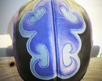 Leather Skullcap Purple Doo Rag with Blue/ Gray Filigree Design on Front Unisex Lambskin Headwrap Cap