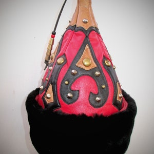 PRICE REDUCED! Mongol Red Leather Pointy Hat Studded w/ Black Furry Brim, Ertugrul Kayi Pointed Hat image 3