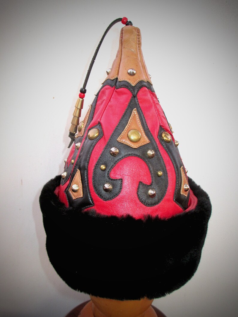 PRICE REDUCED! Mongol Red Leather Pointy Hat Studded w/ Black Furry Brim, Ertugrul Kayi Pointed Hat image 3