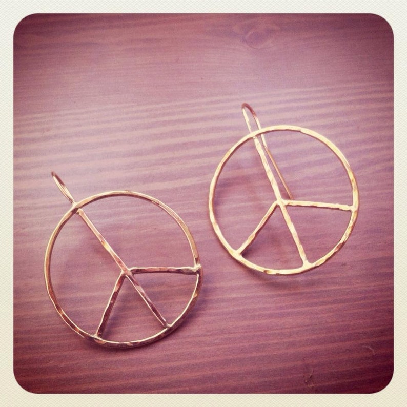 Peace Sign Earrings Large Rustic Hoops Silver Peace Sign Etsy UK