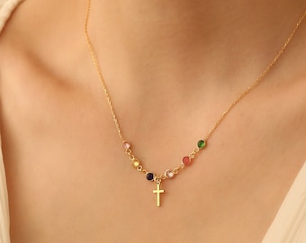14k Gold Cross Necklace: Personalized Birthstone Christian Crucifix Pendant,Silver Religious Jewelry ,Tiny Cross Gift for Her, Gift for Mom