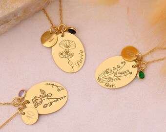 Engraved Birth Flower Name Necklace with Birthstone • Multi Charm Mom Necklaces • Personalized Gift for Mom • Family Birth Flower Necklace