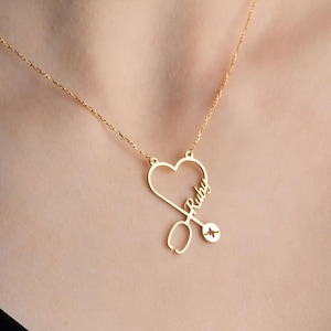 14K Gold Personalized Stethoscope Name Necklace, Custom Stethoscope Necklace,Doctor Gift, Nurse Gift,Graduation Gifts,Class of 2025 Necklace