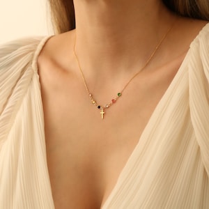 Gold Cross Necklace with Birthstone: Personalized Mom Jewelry