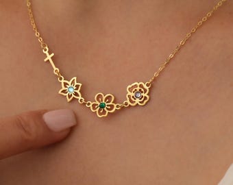 14K Gold Birthflower Necklace:Personalized Family Jewelry,Custom Multiple Birthflower Necklace,Mother's Necklace,Family Birthflower Necklace