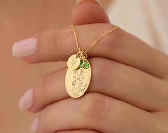 Custom Gold Birth Flower Name Necklace,Personalized Silver Flower Engraved Necklace ,Dainty Gifts for Mom ,Birth Flower Necklace for Women
