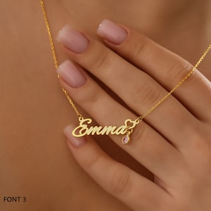 Personalized 14K Gold Name Necklace with Birthstone Charm