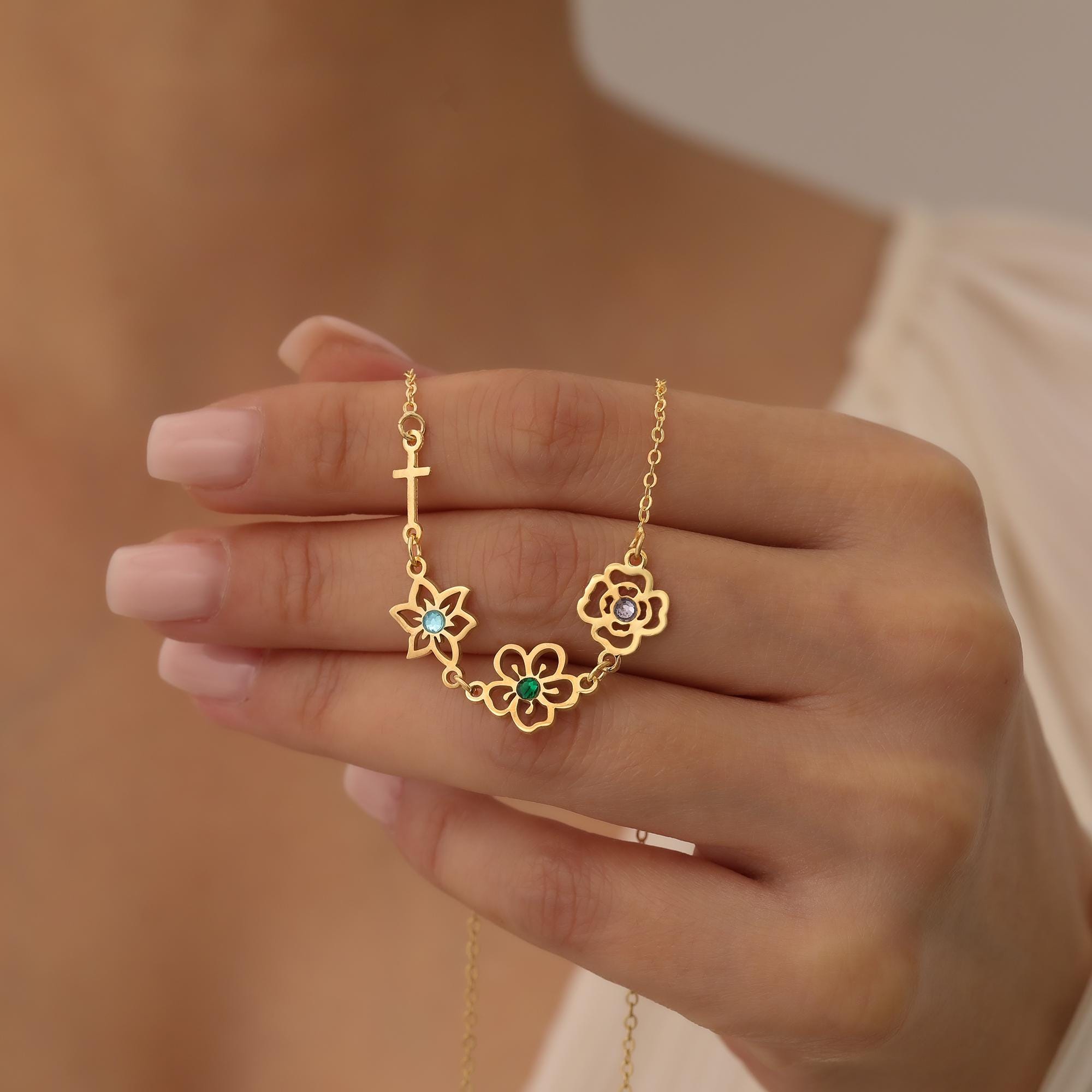 Personalized Birth Flower & Birthstone Cross Pendant Necklace, Custom Christ Birthstone, Christian Jewelry, Christian Gifts, Christmas Gift, Gift for Her