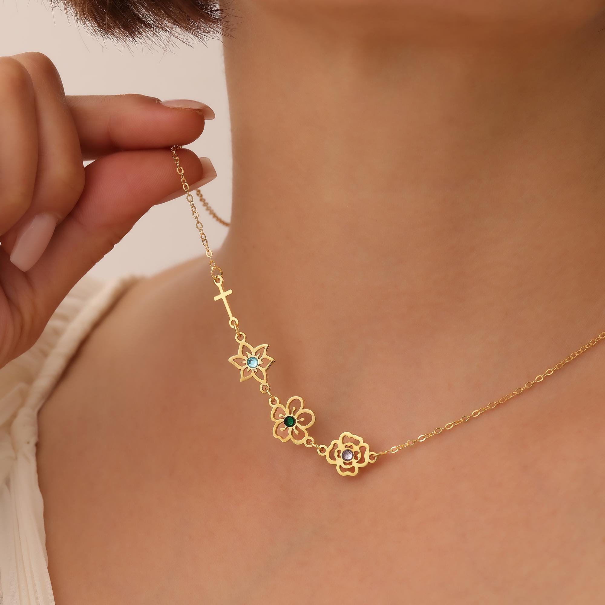 Personalized Birth Flower & Birthstone Cross Pendant Necklace, Custom Christ Birthstone, Christian Jewelry, Christian Gifts, Christmas Gift, Gift for Her