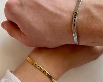 Personalized Sterling Silver Herringbone Bracelet:Couple Name Bracelet,Gold&Silver Snake Chain Bracelets,Custom Name Jewelry for Him and Her