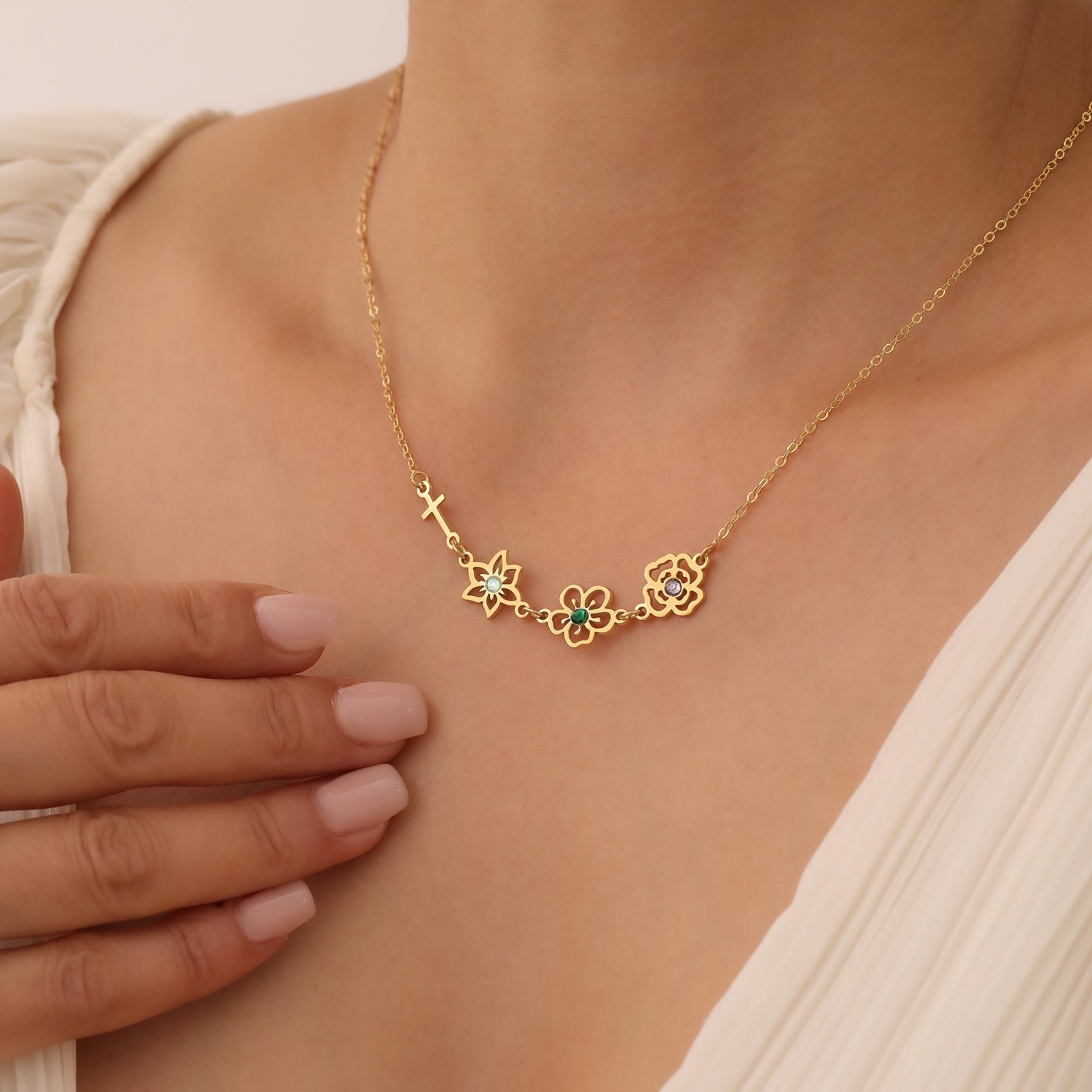 Personalized Birth Flower & Birthstone Cross Pendant Necklace, Custom Christ Birthstone, Christian Jewelry, Christian Gifts, Christmas Gift, Gift for Her