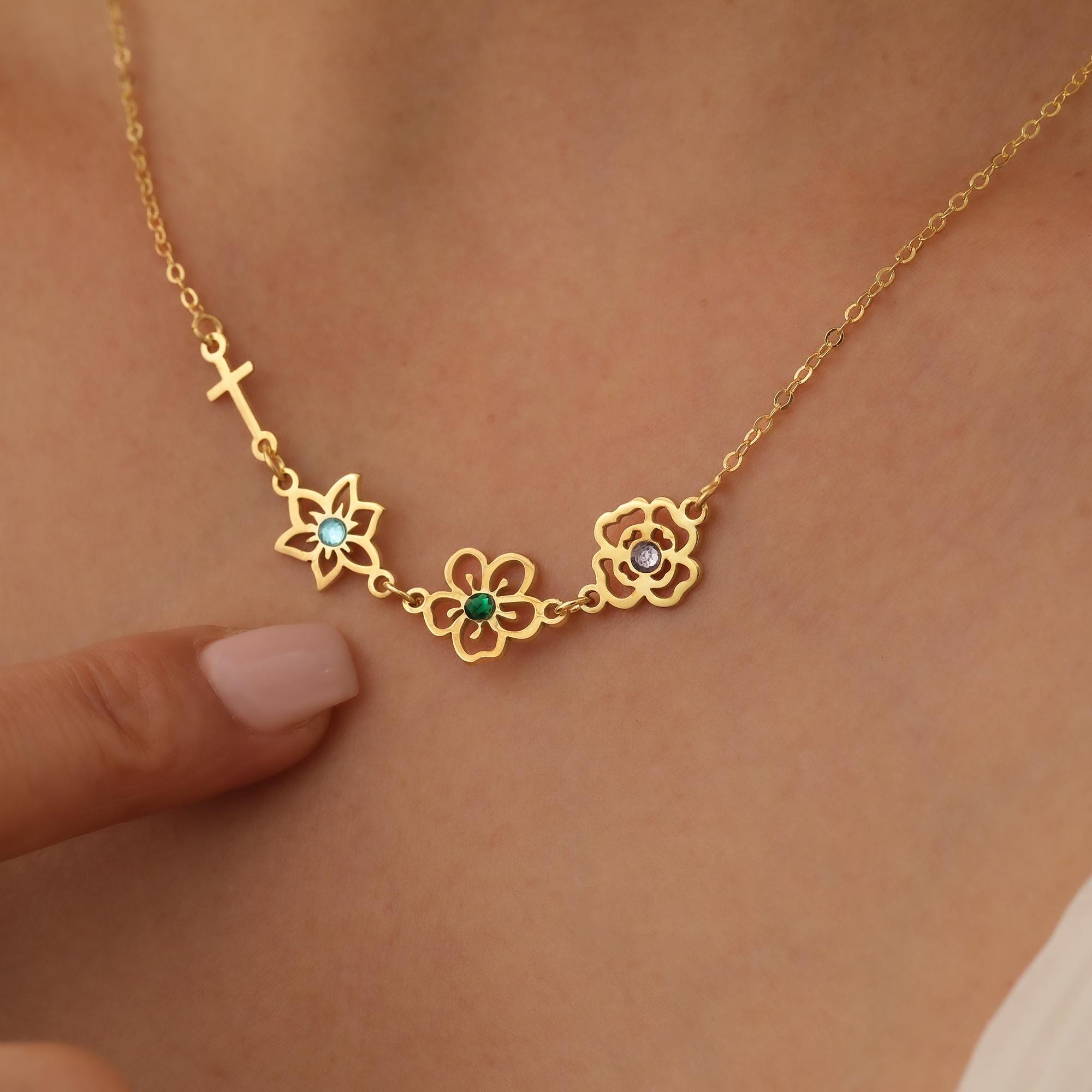 Personalized Birth Flower & Birthstone Cross Pendant Necklace, Custom Christ Birthstone, Christian Jewelry, Christian Gifts, Christmas Gift, Gift for Her