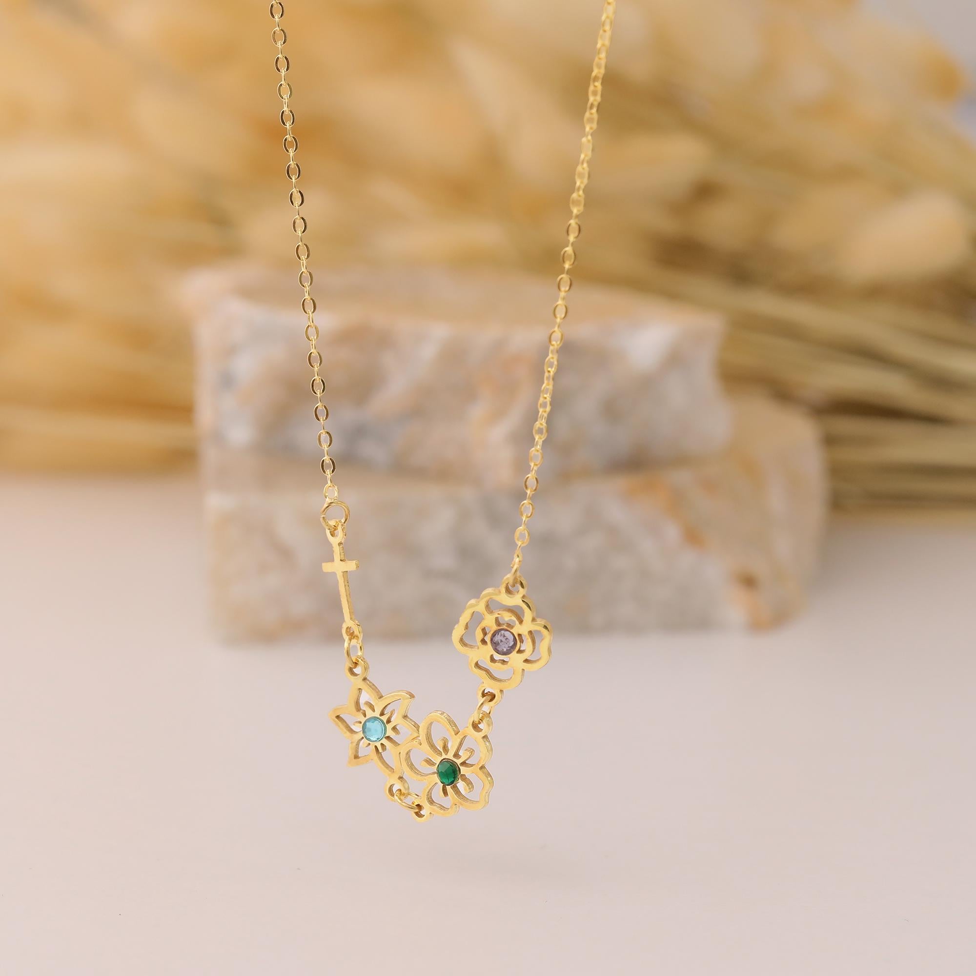 Personalized Birth Flower & Birthstone Cross Pendant Necklace, Custom Christ Birthstone, Christian Jewelry, Christian Gifts, Christmas Gift, Gift for Her