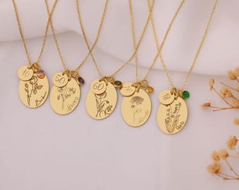 Silver Birth Flower Necklace, Birthstone Birth Flower Necklace, Custom Birth Flower,Gold Personalized Flower Necklace, Month Flower Necklace