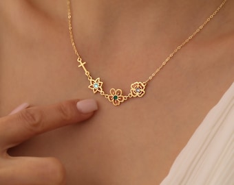 14K Gold Birth Flower Necklace with Birthstone: Silver Personalized Bouquet Necklace,Family Birthflower and birthstone Necklace,Gift For Mom