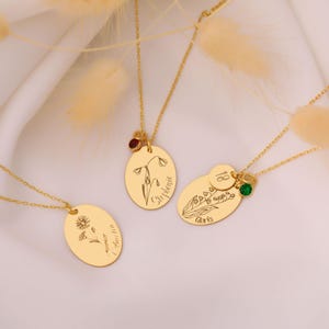 Silver Birth Flower Name Necklace with Birthstone,Personalized Floral Jewelry Gift,Custom Wild Flower Pendant Necklace, Birth Flower Jewelry