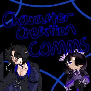 Op de afbeelding: Een digitale illustratie van twee personages tegen een zwarte achtergrond met blauwe webachtige lijnen. De tekst "Character Creation Comms" is geschreven in blauwe neonletters. Een personage is een donkerhuidige persoon met zwart haar en hoorns, die een blauwe en zwarte outfit draagt. Het andere personage is een lichtgekleurde persoon met zwart haar en hoorns, die een paarse en zwarte outfit draagt.