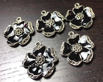 SALE !!! Black Enamel Poppy Flower Pendants -- Set of 5