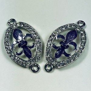 Purple and Silver Fleur de Lis Faux Enamel and Crystal Links ... Set of 2