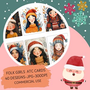 Cartões de Natal ATC para meninas folclóricas - Mini arte festiva para colecionar, criar e presentear, 40 cartões ATC, tamanho do cartão 2,5 x 3,5 polegadas