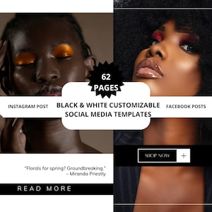 Black and White 62 Pages Canva Social Media Templates IG & Facebook Posts Stories Highlights Editable Digital Download for Business