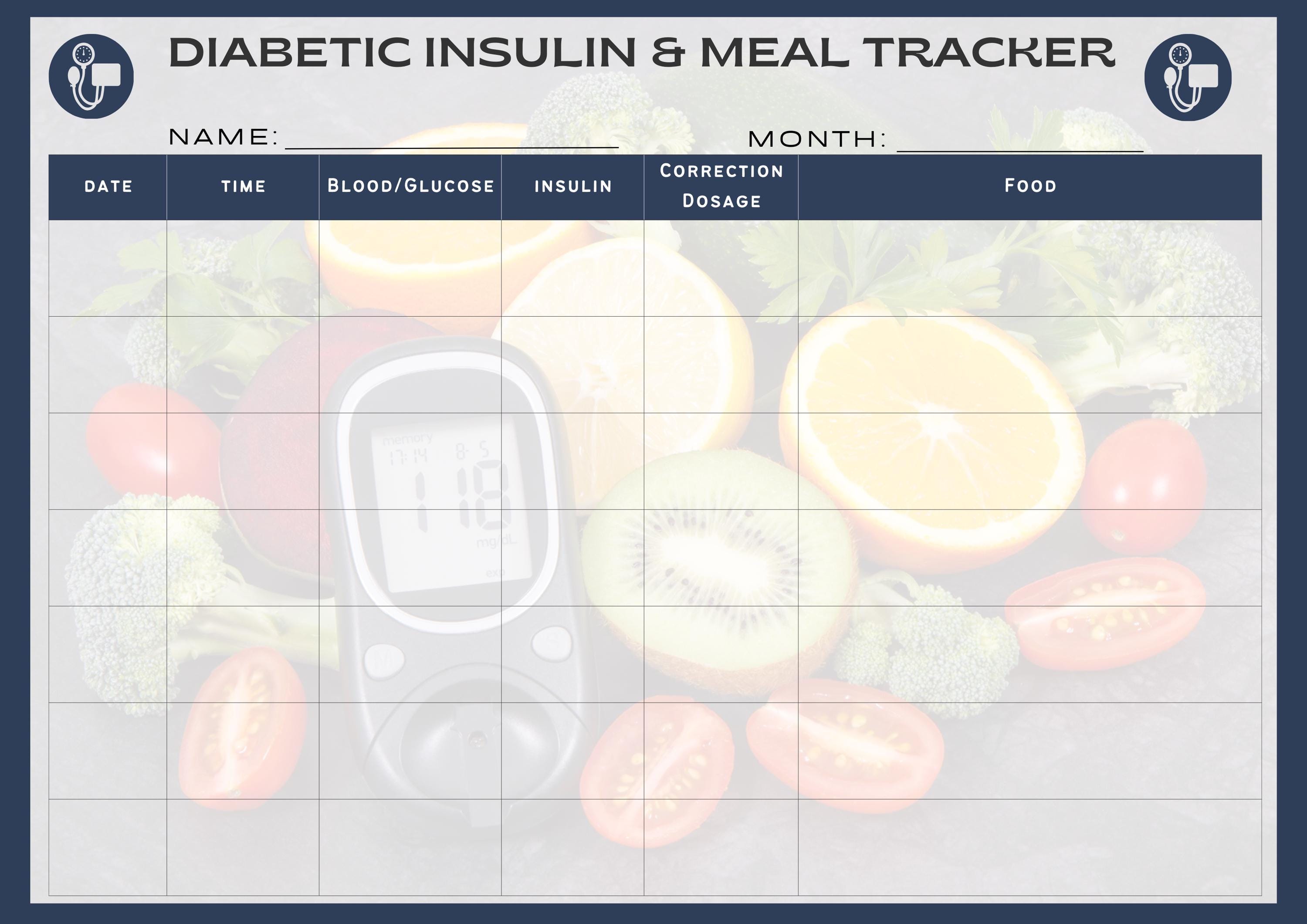 Diabetic Insulin Meal Tracker Printable – Blood Sugar Logbook PDF ...