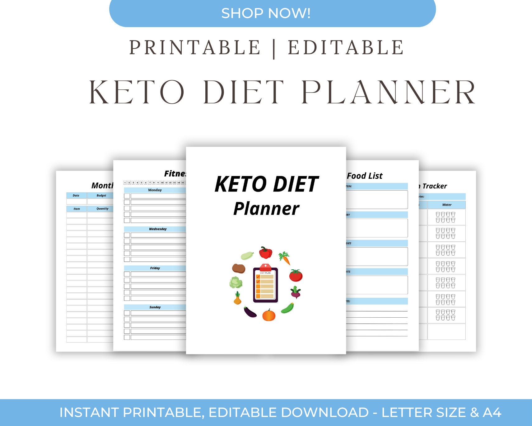 Printable &amp; Editable Keto Diet Planner - Daily Meal Diet Planner - Weekly Nutrition Tracker ...