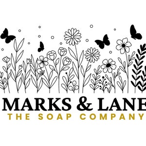 May include: Black and white illustration of a floral border with butterflies and the text "MARKS & LANE THE SOAP COMPANY".