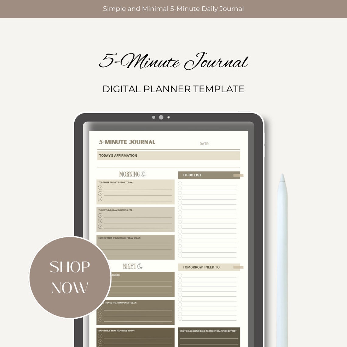 Quick & Easy 5minute Journal Digital Template for Daily Reflection