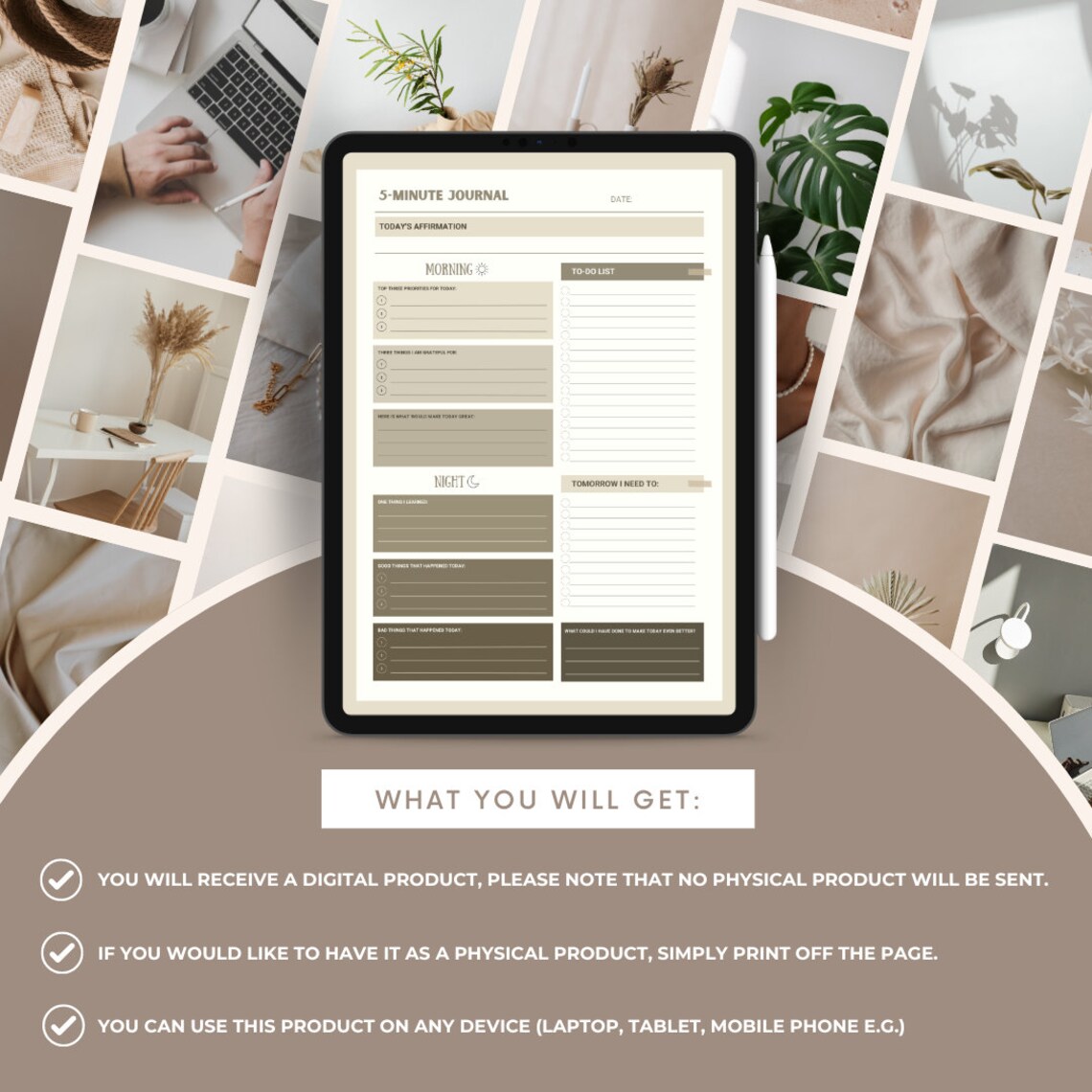 Quick & Easy 5minute Journal Digital Template for Daily Reflection