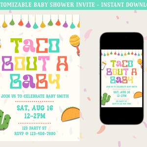 TACO BOUT A BABY Editable Shower Invitation, Custom Fiesta Baby Shower Invite, Personalized Canva Template, Gender-Neutral Digital Download