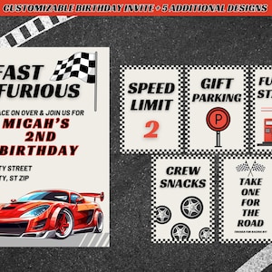 2 FAST 2 FURIOUS-uitnodigings- en tekenpakket, 2e verjaardagsfeestje, aangepaste feestuitnodiging jongen, partijbordbundel, twee snel, raceautothema,