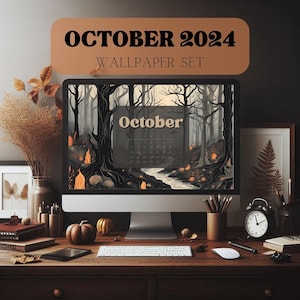 October 24 Spooky Witchy Autumn Digital Wallpaper Set | Dark Cosy Forest Witches & Cottages | 16:9 Monitor | Free Canva Desktop Organizer
