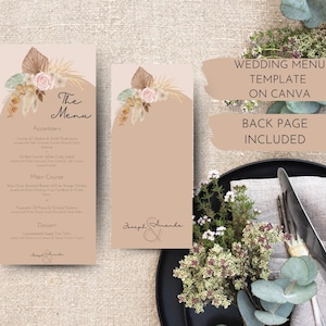 Canvassjabloon boho-huwelijksmenu | Bewerkbare 4 x 9 voor- en achterkant | Salieroze Beige Bruin Bloemen | DIY-afdrukbaar | 15% korting op bundelcode