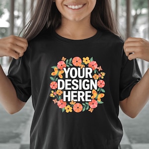 Black Bella Canvas 3001,Blank Folded T-Shirt Mockup,Childrens Thsirt Mockup,Black Girl