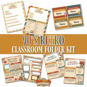 May include: A 90's retro classroom folder kit featuring printable templates including student information sheets, folder labels, meet the teacher forms, and monthly newsletters with colorful wavy patterns and cartoon character illustrations.
