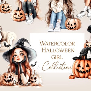Illustraties jong meisje, schattig meisje, Halloween PNG-bundel, aquarel gezellige Halloween-clipart, neutrale Spooky Halloween-illustraties, Halloween-meisje
