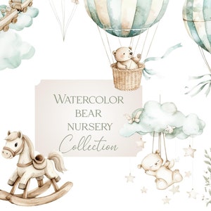ClipArt di orsetto palloncino, arte di mongolfiere, arte per ragazzi, giocattoli per la cameretta dei bambini, pacchetto PNG, vivaio con acquerello, baby shower, clipart per neonati, giocattoli per bambini