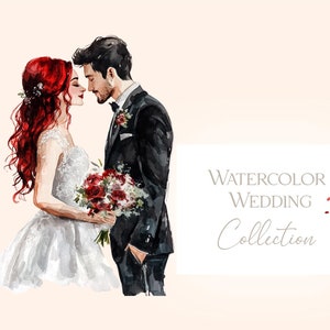 水彩ウェディング クリップアート、スクラップブッキング、結婚式、結婚式のカップル、結婚式のイラスト招待状花嫁花婿クリップアート赤髪