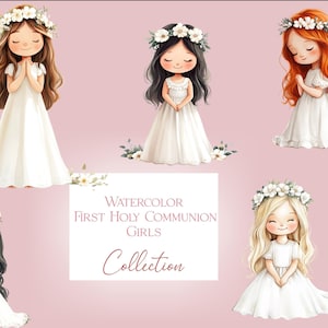 Erstkommunion Mädchen ClipArt, Widmung, PNG-Bundle, Eucharistie, Aquarell Mädchen, Haarfarben, Heilige Kommunion Clipart Religiös Blumig
