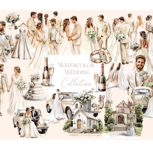 Clipart de boda en acuarela, álbum de recortes, pareja de novios, ilustraciones de boda, arte de invitación, ceremonia de boda de novios, boda en crema