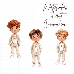 ClipArt de primera comunión para niños, comunión, paquete PNG, eucaristía, acuarela para niños, colores de cabello, clipart de primera comunión, religioso, informal, 3 piezas