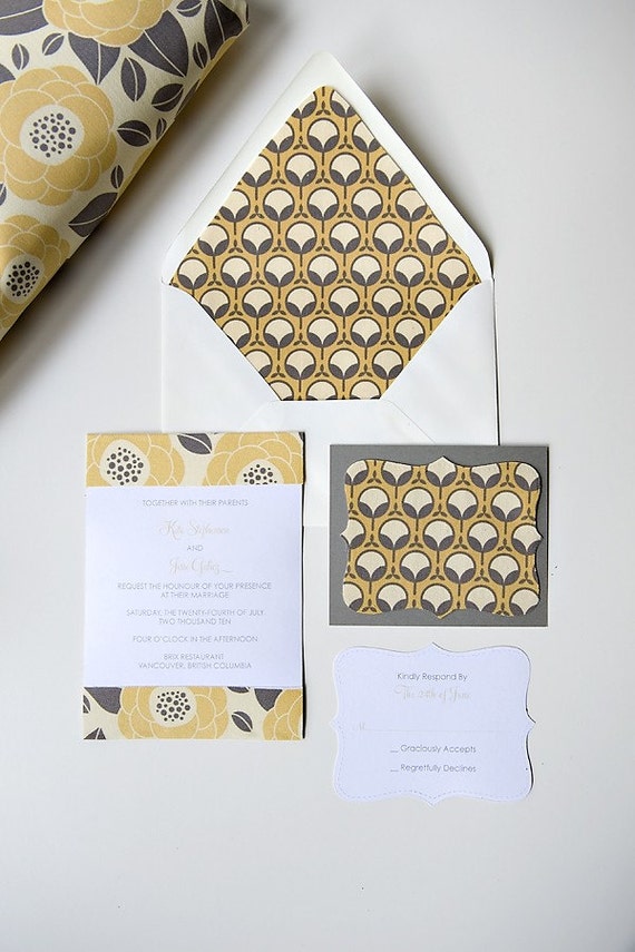Items similar to Custom Fabric Wedding Invitations Yellow and Grey on