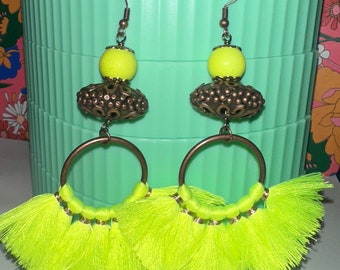 Neon Yellow  Tassel Filigree Earrings