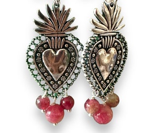 MEXICAN SACRED HEART earrings dripped in watermelon tourmaline
