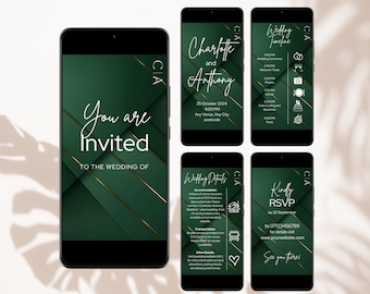 Wedding Video Invitation Template Animated Green Wedding Invitation Template   Emerald Wedding Invitation Mobile Template Editable in Canva