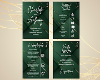 Green Wedding Invitation Template 5x7 Printable Emerald  Wedding Invitation Editable in Canva Modern Elegant Dark Jade Wedding Invitation